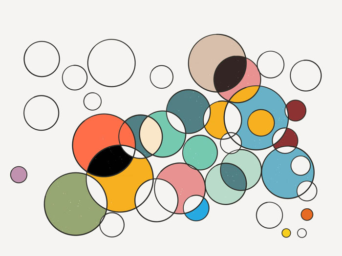 Bubbles of different sizes overlaid on top of each other, with different color combinations.