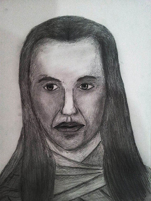 A pencil sketch of a fictional man's head. He has long hair.