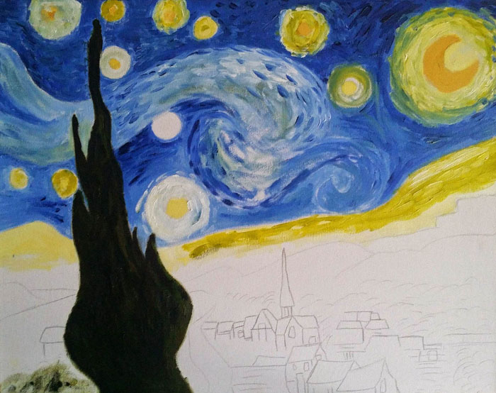 An unfinished oil painting resembling Van Gogh's Starry Night.
