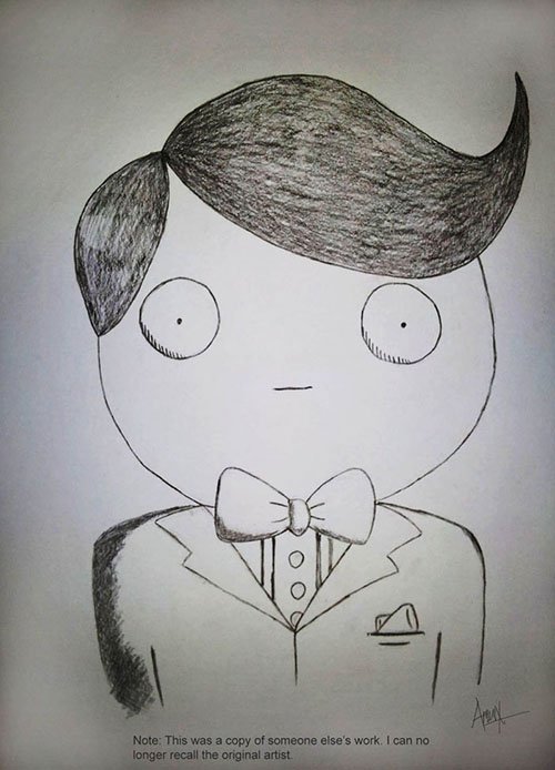 A sketch of a boy in a bowtie who looks extremely nervous. The boy's face is cartoonish, his hair extravagantly prim.