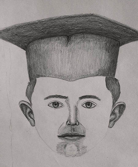 An unfinished sketch of a boy with an academic cap on. The facial features of the boy are slightly out of proportion.