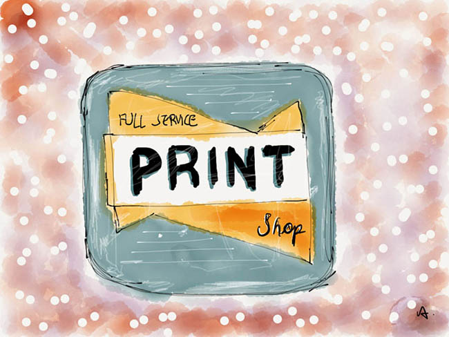 A drawing of the cover of a box that says Full Service Print Shop on the front