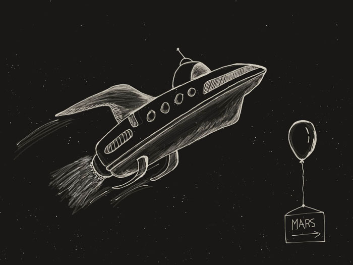 A drawing of a cartoonish rocket on a dark starry background, with a balloon holding up a signboard that says 'Mars'