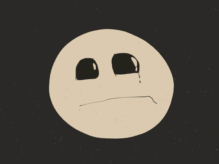 A drawing of a simple, sad face over a dark, starry background.