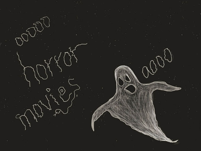 A sketch of a ghost over a dark starry background, and the words 'oooo horror movies' written next to it.