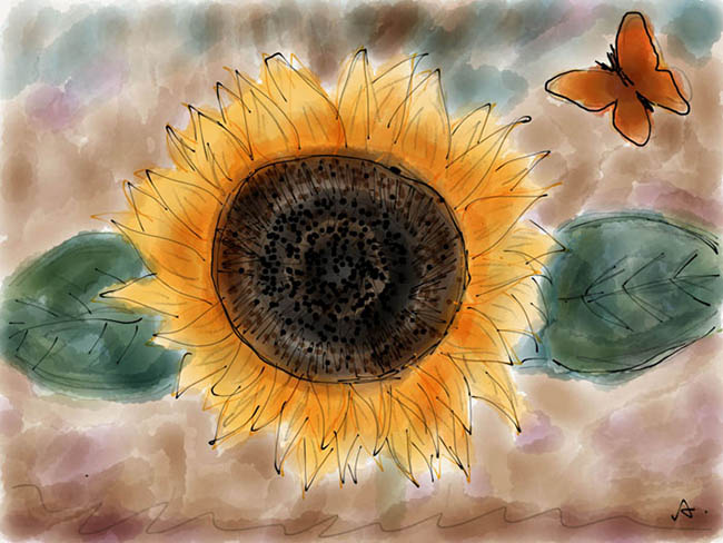 A colorful drawing of a sunflower with two green leaves on the side, and a butterfly