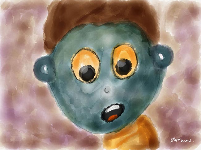 A drawing of a boy's cartoonish face with a surprised look