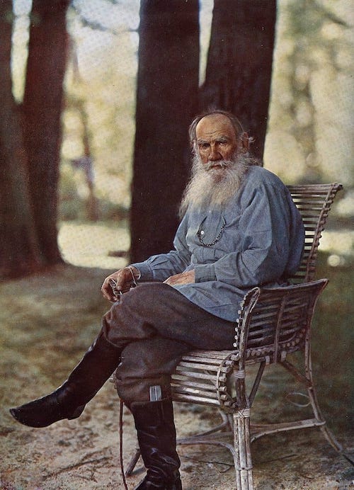 A picture of the man himself, 'Lev Tolstoy in Yasnaya Polyana', 1908