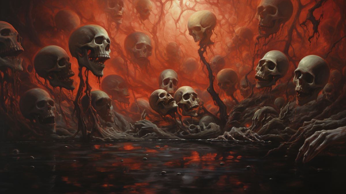 A painting of many skulls, like tree branches on a bloody background