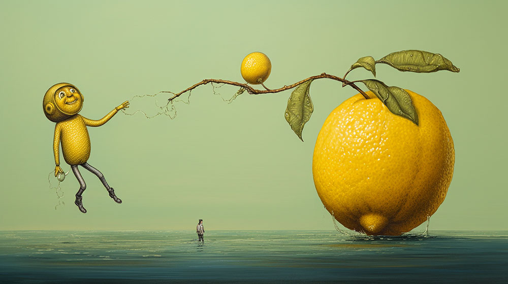 An illustration of a lemon on a branch, with a lemon-shaped human attached to it.